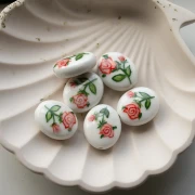 Ceramic oval bead 21x18 mm - Rose pattern - White - Pink - Green x1