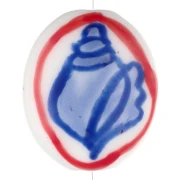 Ceramic oval bead 20.5x17 mm - shell motif - White - Blue - Red x1