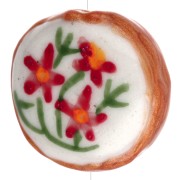 20 mm flattened round ceramic bead - flowers - White - Red x1