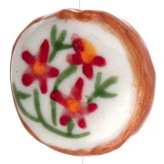 20 mm flattened round ceramic bead - flowers - White - Red x1