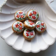20 mm flattened round ceramic bead - flowers - White - Red x1