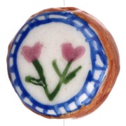 20 mm flattened round ceramic bead - flowers - Brown - Blue x1