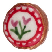 20 mm flattened round ceramic bead - flowers - Brown - Red x1