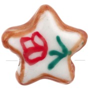 17 mm ceramic star bead - tulip motif - White - Red x1