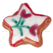 17 mm ceramic star bead - flower motif - White - Dark pink x1