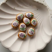 Ceramic oval bead 15x12.5 mm - flower motif - White - Brown - Purple x1