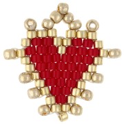 19 mm seed bead heart pendant - Red - Gold x1