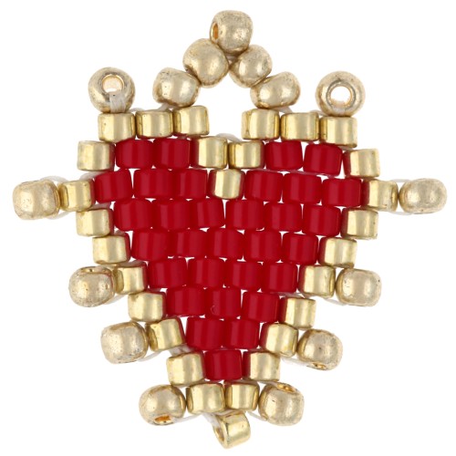 19 mm seed bead heart pendant - Red - Gold x1