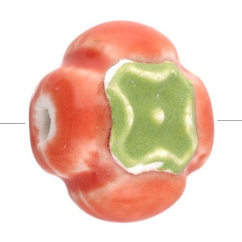 16 mm ceramic tomato bead - Orange - Green x1