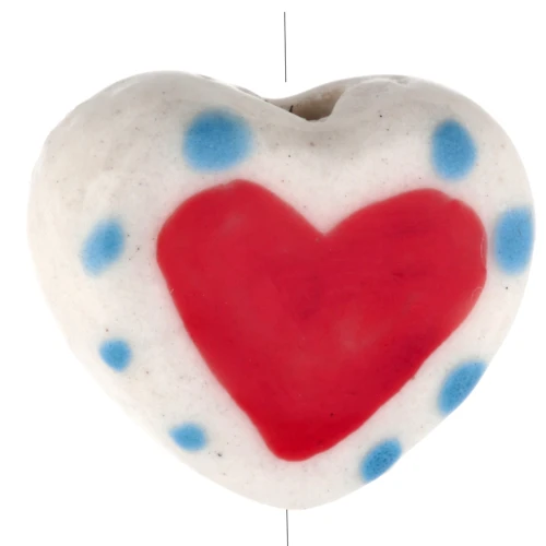 Ceramic heart bead 12x14 mm - heart and polka dot motif - White - Red - Blue x1