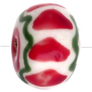 Ceramic roundel bead 15x10.5 mm - Red - Green x1