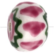 Ceramic roundel bead 15x10.5 mm - Light pink - Green x1