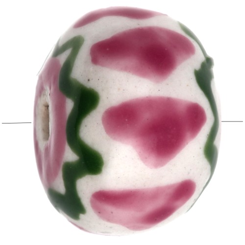 Ceramic roundel bead 15x10.5 mm - Light pink - Green x1