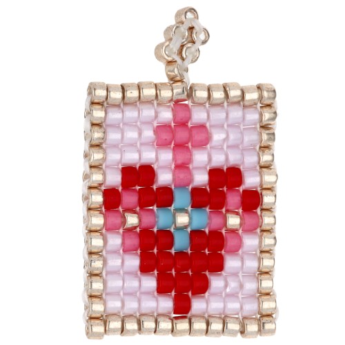 26x16 mm seed bead rectangle heart pendant - Pink - Red x1