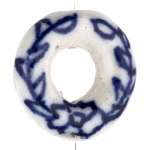18.5 mm ceramic donuts bead - floral motif - White - Blue x1