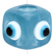 Resin cube bead 8 mm - raised eye motif - Blue - White x1