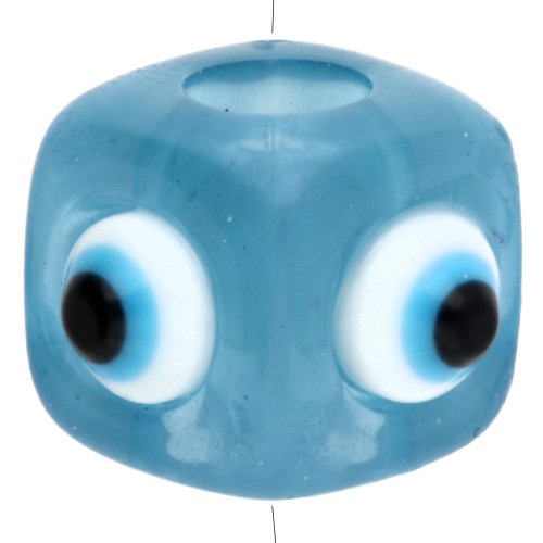 Resin cube bead 8 mm - raised eye motif - Blue - White x1