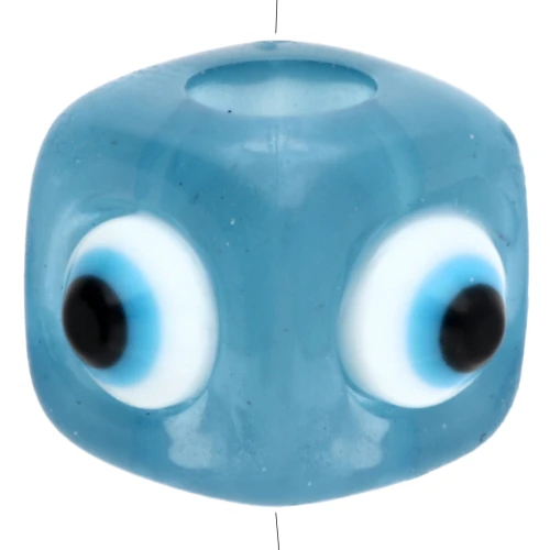 Resin cube bead 8 mm - raised eye motif - Blue - White x1