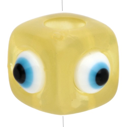 Resin cube bead 8 mm - raised eye motif - Yellow - White - Blue x1