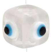 Resin cube bead 8 mm - raised eye motif - Transparent - White - Blue x1
