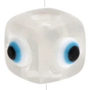 Resin cube bead 8 mm - raised eye motif - Transparent - White - Blue x1