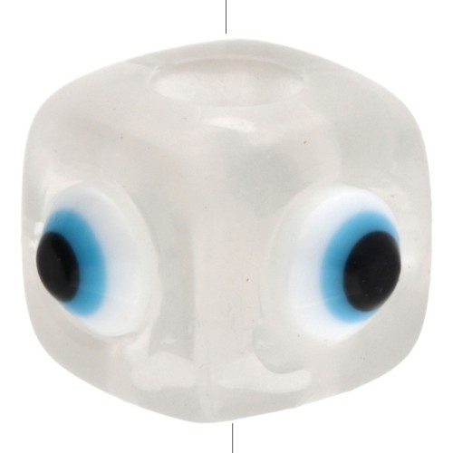 Resin cube bead 8 mm - raised eye motif - Transparent - White - Blue x1