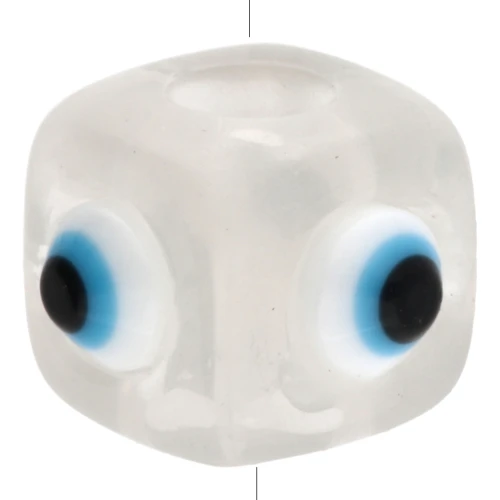 Resin cube bead 8 mm - raised eye motif - Transparent - White - Blue x1