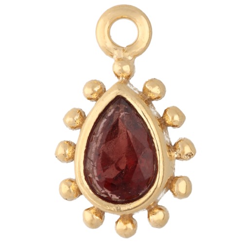 13x8 mm teardrop charm with small beads - Fine gold plated - Garnet x1