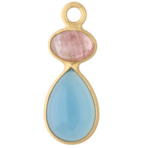 Geometric Pendant, 20x8 mm - Fine gold plated - Blue Chalcedony - Rose Quartz