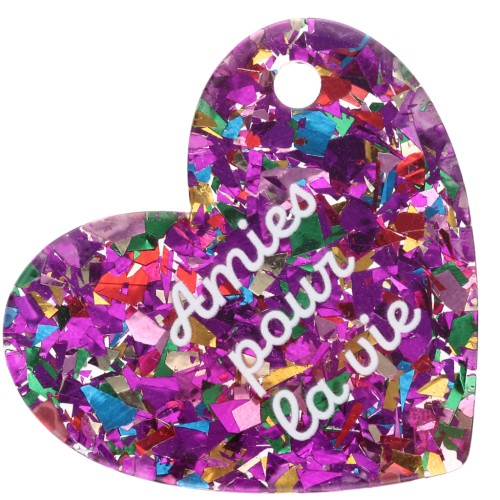 Heart pendant 39x45mm acetate - Friends for life - Multicolored glitter - White