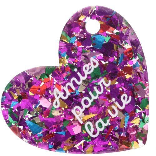 Heart pendant 39x45mm acetate - Friends for life - Multicolored glitter - White