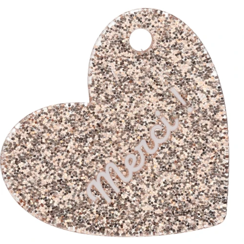 Heart pendant 39x45 mm acrylic - Merci ! - Light gold glitter - White x1