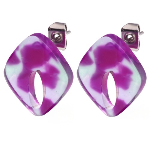 Hollow diamond stud earrings 16x14 mm acetate - Tortoiseshell - Purple - Green x2