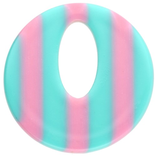 Round hollow acetate pendant 21 mm - Turquoise stripes - Light pink x1