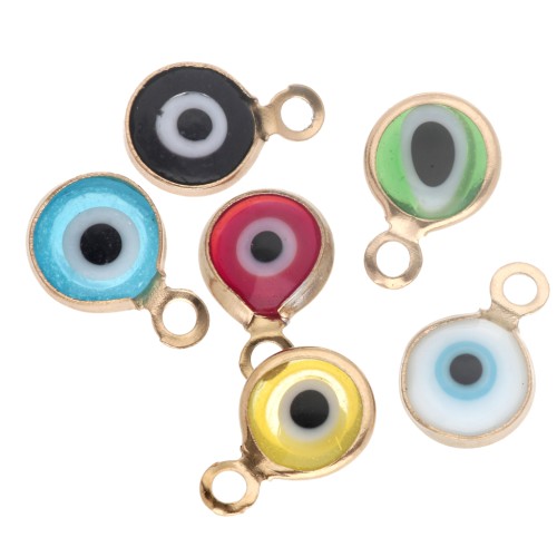 Mini 6.5 mm eye charms with glass - Gold-plated 304 stainless steel - Multicolor x6