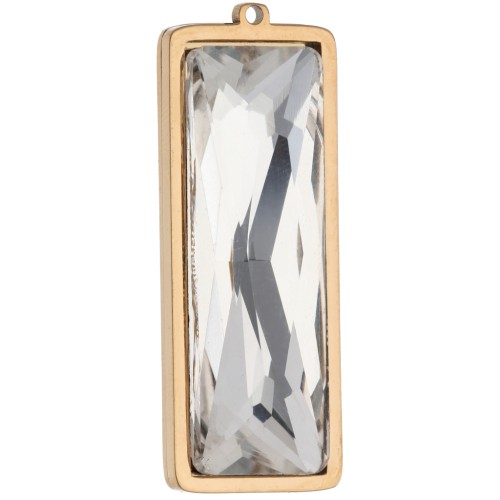 35x13 mm Rectangular Pendants with Glass Cabochon - Gold-Plated 304L Stainless Steel - Crystal x2