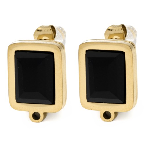 Rectangular 13x9 mm glass cabochon earstuds - Gold-plated 304L stainless steel - Black (2 pairs)