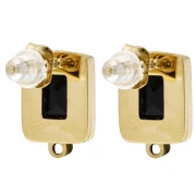 Rectangular 13x9 mm glass cabochon earstuds - Gold-plated 304L stainless steel - Black (2 pairs)