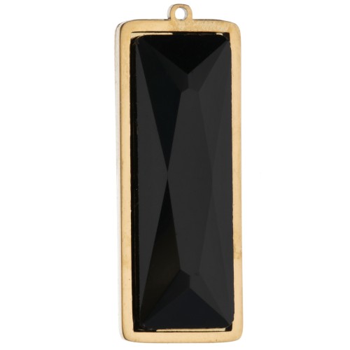 35x13 mm Rectangular Pendants with Glass Cabochon - Gold-Plated 304L Stainless Steel - Black (2-Pack)