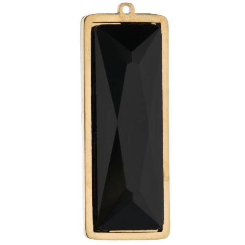 35x13 mm Rectangular Pendants with Glass Cabochon - Gold-Plated 304L Stainless Steel - Black x2