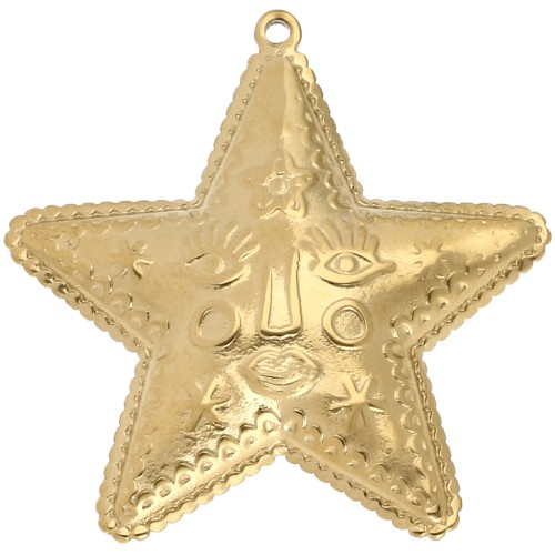 Star pendant 44.5x43.5 mm - face pattern - 304 Stainless Steel Gilded x1