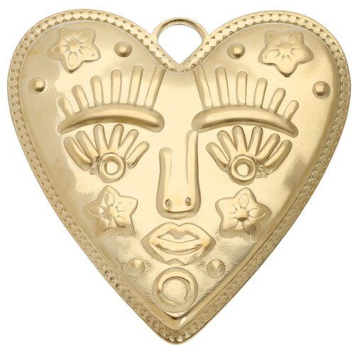 Heart pendant 46.5x45 mm - face pattern - 304 Stainless Steel Gilded x1