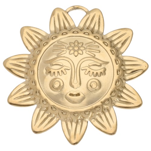 Sun pendant 30x29.5 mm - face pattern - 304 Stainless Steel Gilded x1