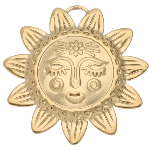Sun pendant 30x29.5 mm - face pattern - 304 Stainless Steel Gilded x1