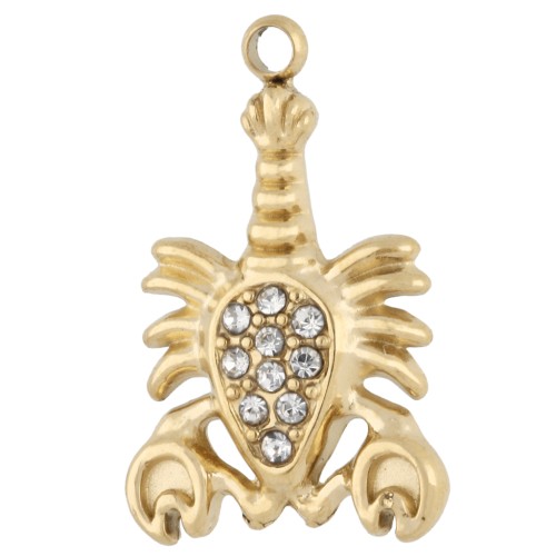 Lobster charm 19x12 mm with rhinestones - 304 Gold Stainless Steel - Crystal x1
