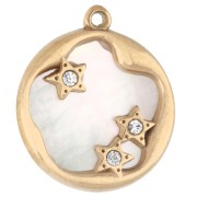14 mm round charm with mother-of-pearl and zirconium oxides - Gold-plated 304 stainless steel x1|raw }}