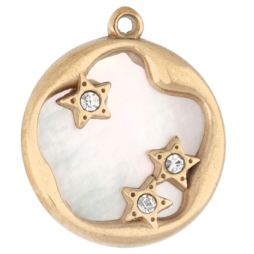 14 mm round charm with mother-of-pearl and zirconium oxides - Gold-plated 304 stainless steel x1