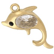 Dolphin charm 12x16 mm with rhinestones - 304 Gold Stainless Steel - Crystal x1