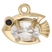 Mini fish charm 9x10 mm with rhinestones - 304 Gold Stainless Steel - Crystal x1