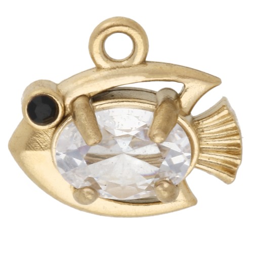 Mini fish charm 9x10 mm with rhinestones - 304 Gold Stainless Steel - Crystal x1